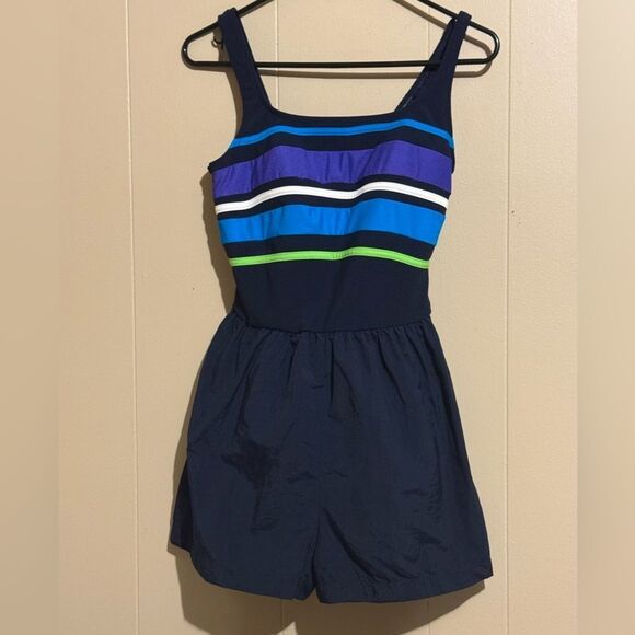 LONGITUDE‎ Women 10 Striped Navy Romper Swimwear - Picture 1 of 8
